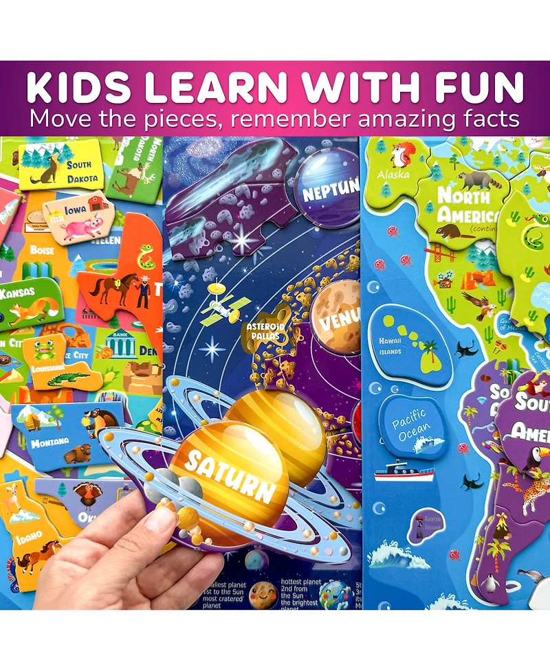 Quokka 3 Set Kids Puzzles for 3-5 Years Old - Educational Toddler Map Puzzle Usa World Wooden or Magnetic