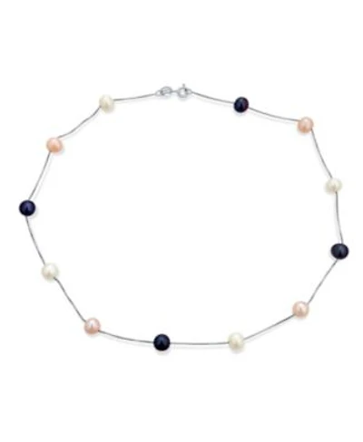 Bling Jewelry Tin Cup Freshwater Cultured Pearl Natural Stone Necklace Chain Station Yellow Gold Plated Sterling Silver 16 18 Inch