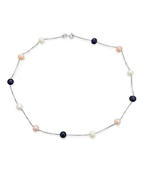 Bling Jewelry Tin Cup Freshwater Cultured Pearl Natural Stone Necklace Chain Station Yellow Gold Plated Sterling Silver 16 18 Inch