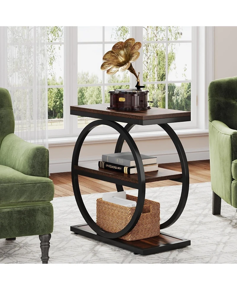 Tribesigns End Table Set of 2, Narrow with 3 Storage Shelves, Wooden Nightstand Metal Frame, Small Sofa Side