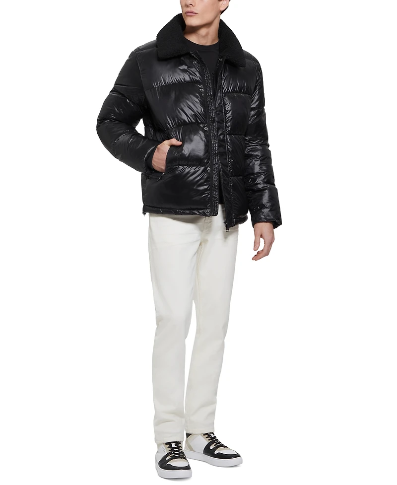 Guess Men's Puffer Jacket with Sherpa Collar