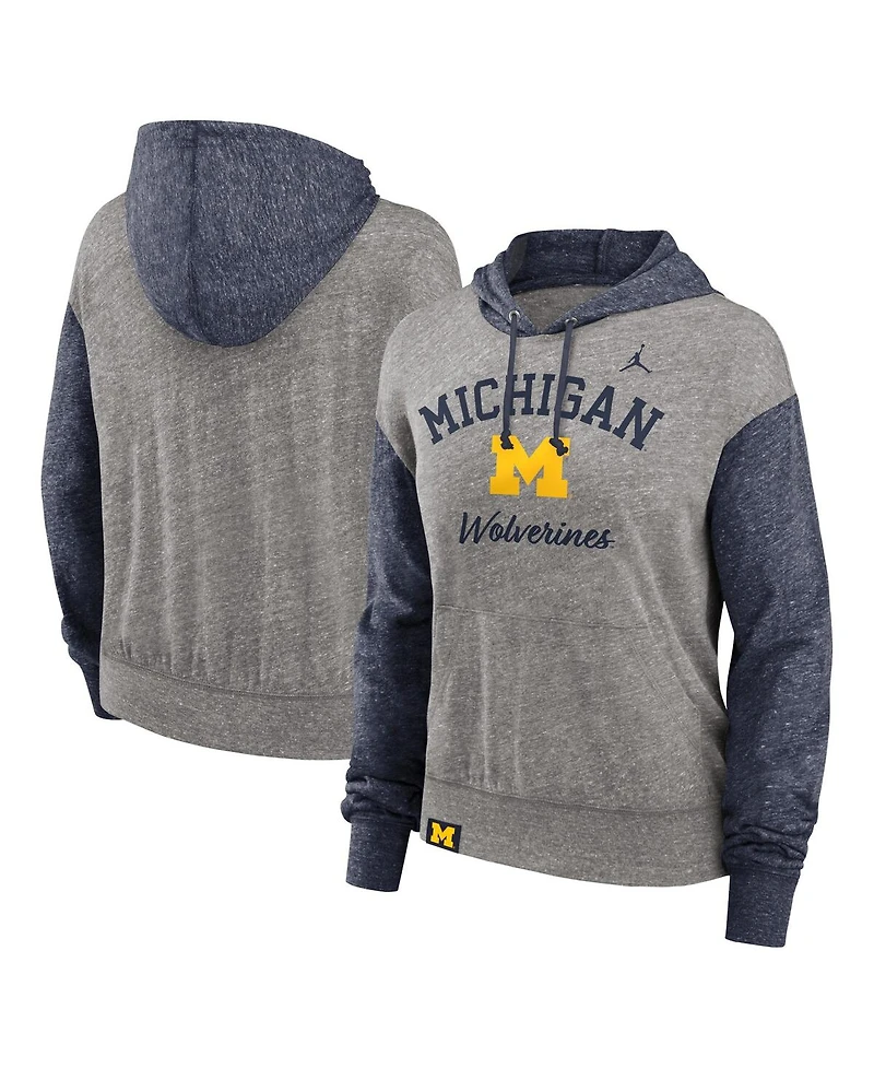 Jordan Women's Heather Gray/Navy Michigan Wolverines Blitz Color Blocked Legacy Pullover Hoodie