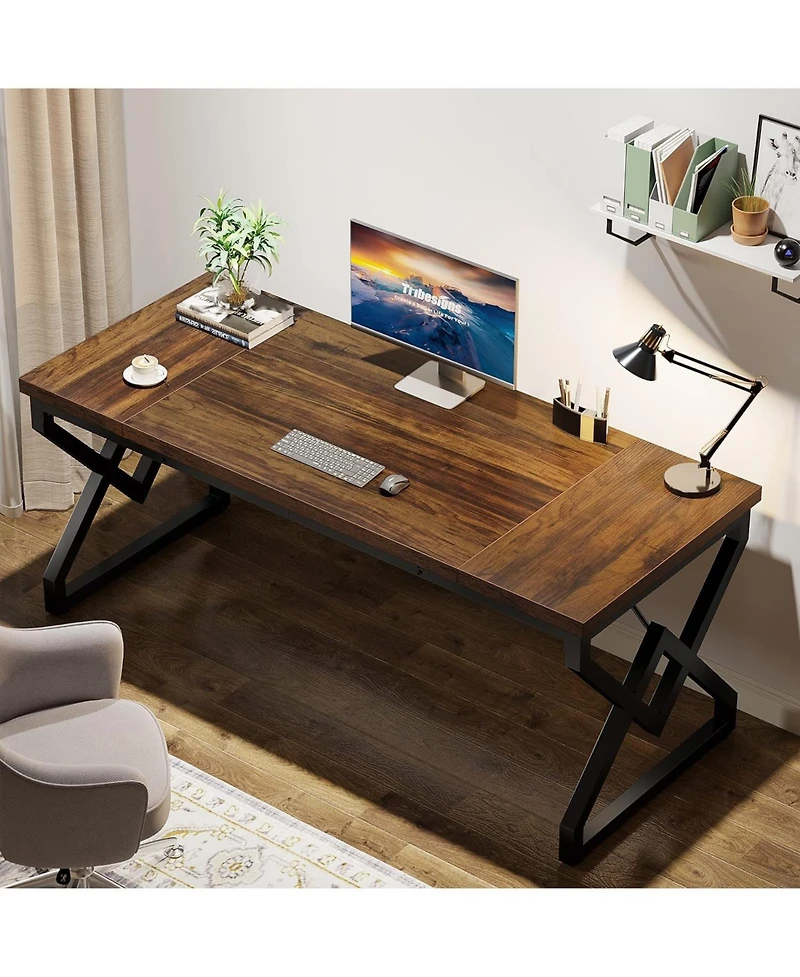 Tribesigns 63 Inch Executive Desk, Large Office Computer Desk with Extra Thick Wooden Tabletop and Metal Frame, Modern Simple Workstation Writing Tabl
