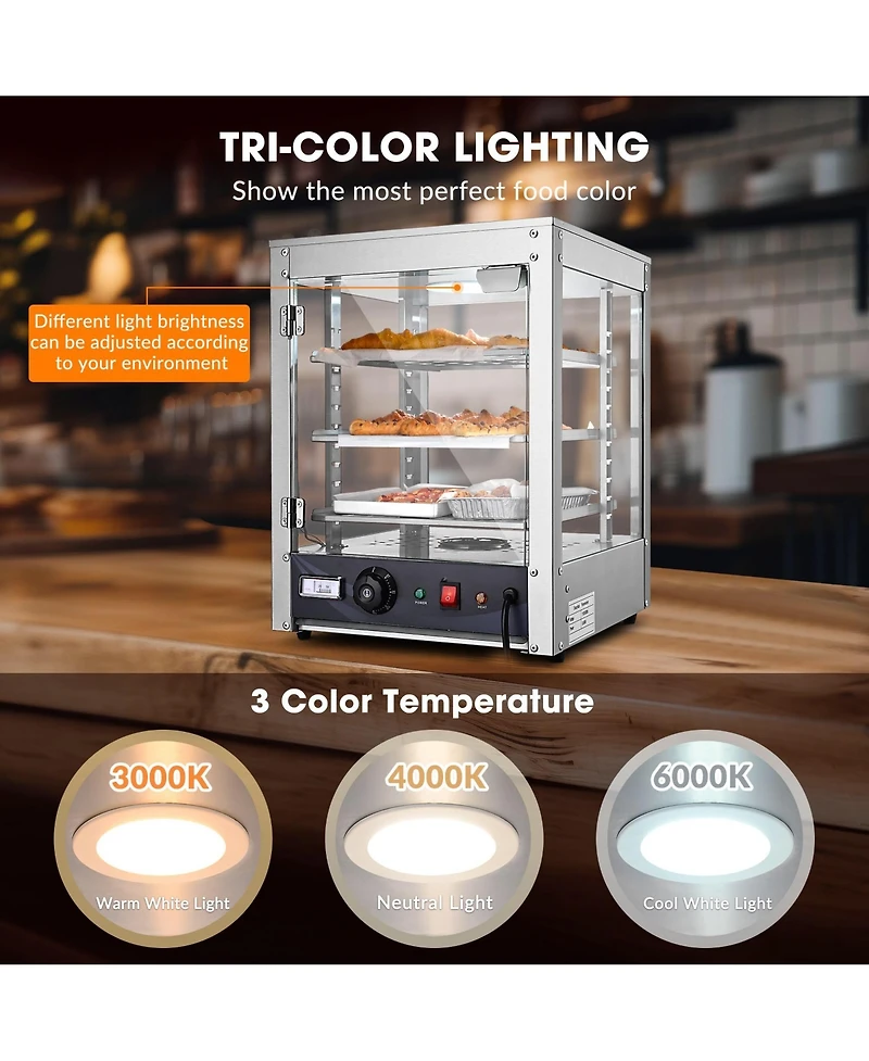 WeChef 15" Commercial Countertop Food 3-Tier Pizza Warmer with Led Adjustable Lighting Food Heater Display Case Stainless Steel for Buffet Restau