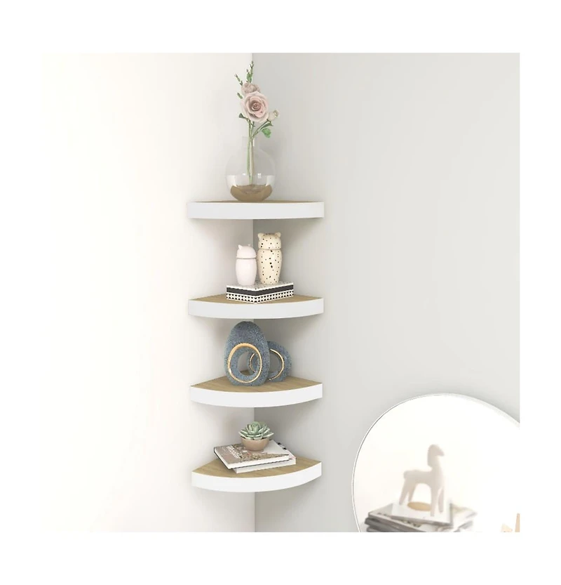 vidaXL Wall Corner Shelves 4 pcs Oak and White 13.7"x13.7"x1.4" Mdf