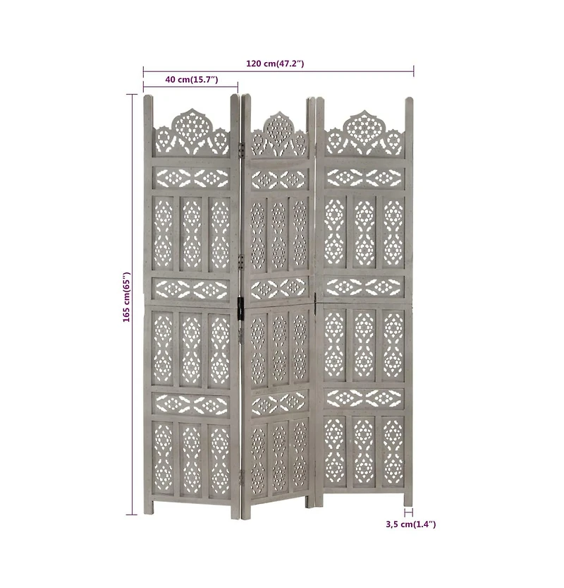 vidaXL Hand carved 3-Panel Room Divider 47.2"x65" Solid Mango Wood