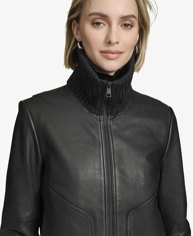 Andrew Marc Black Label Women's Beatrix Rib-Knit Trimmed Leather Jacket