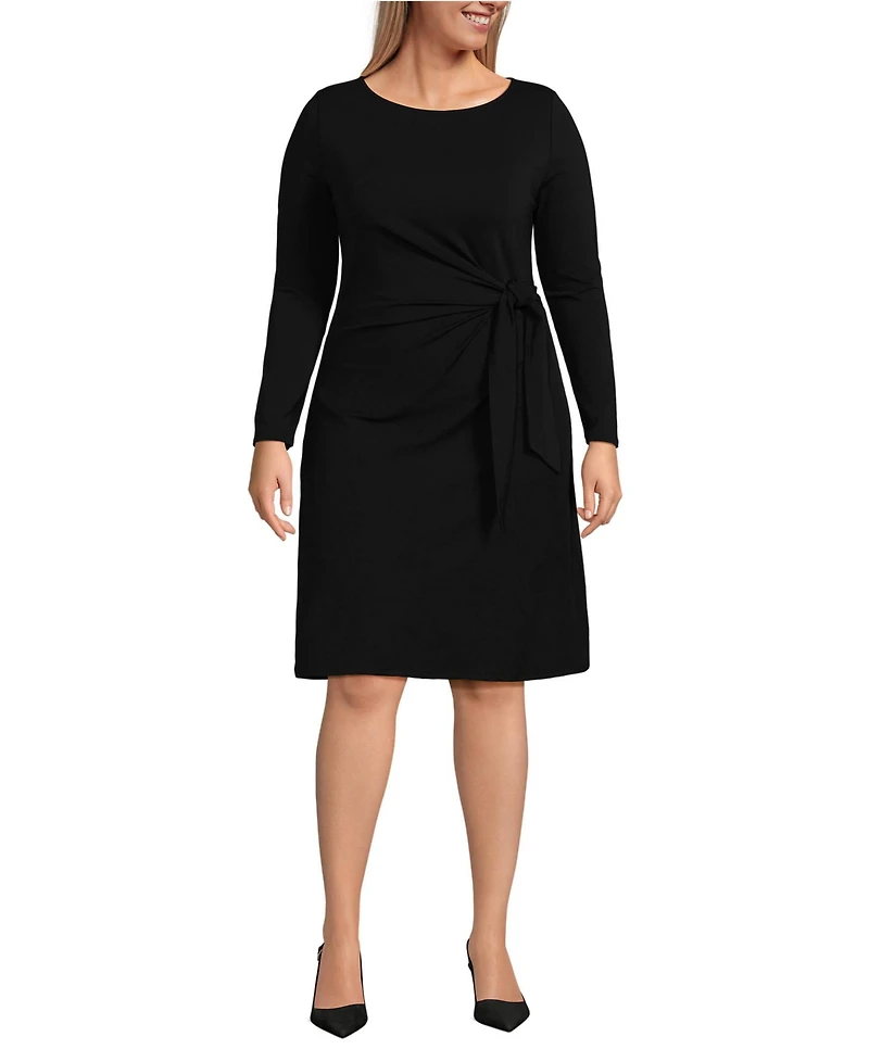 Lands' End Plus Boatneck Long Sleeve Tie Waist Dress