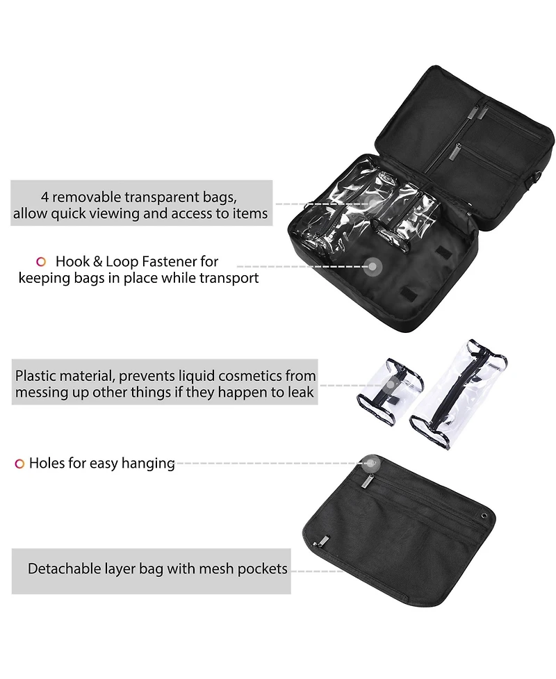 Byootique Makeup Bag Soft Sided Cosmetic Train Case 2 Layer Hangbag 4 Pouches