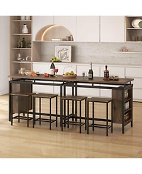 3 Pieces Dining Table Set with 3-Tier Storage Shelf and Metal Frame-Brown