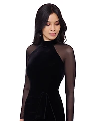 Betsy & Adam Petite Illusion-Sleeve Velvet Gown