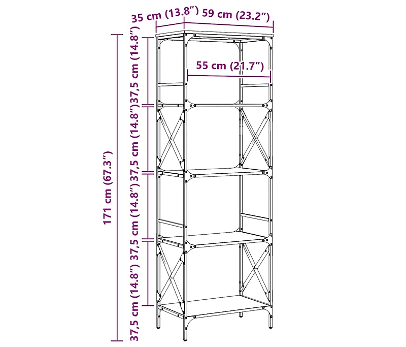 Bookcase 5-Tier Smoked Oak 23.2"x13.8"x67.3" Engineered Wood