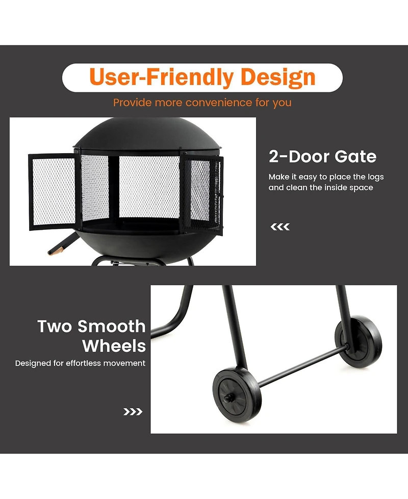 Inolait 28 Inch Portable Fire Pit on Wheels with Log Grate-Black