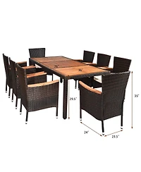 Sugift 9 Pieces Rattan Dining Set with Acacia Wood Table and Stackable Cushioned Chairs