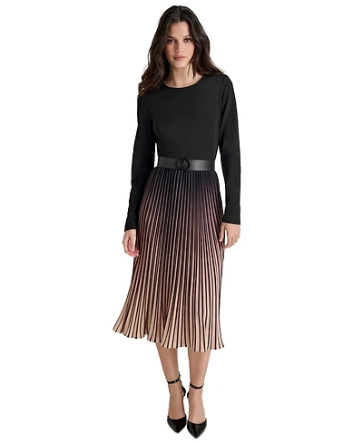 Dkny Women's Ombre Belted Pleat-Skirt Long-Sleeve Dress