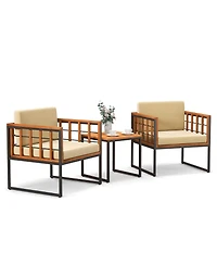 3 Pieces Patio Chair Set Acacia Wood Outdoor Sofa Set with Soft Cushions-Beige