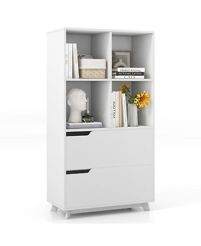 Sugift 4-Tier Open Bookcase with 2 Drawers and 4 Storage Cubes-White