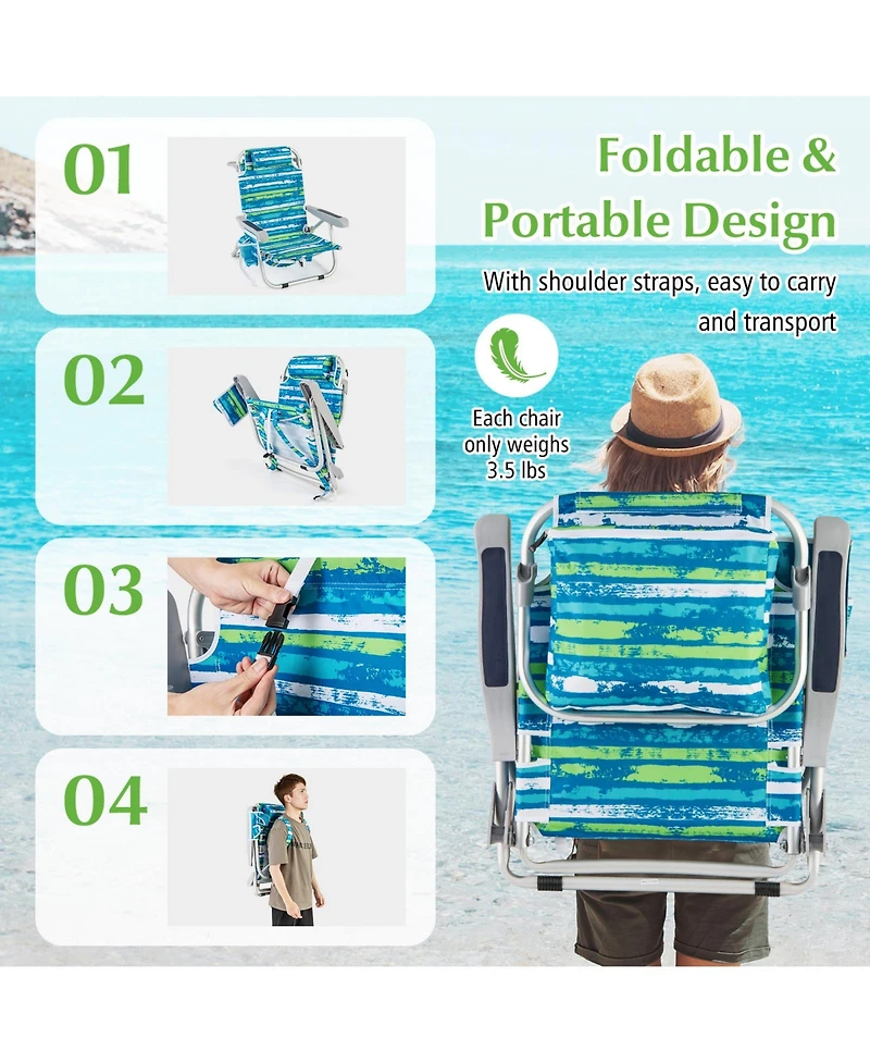 Foldable Backpack Beach Chair with Cup Holder and Storage Pockets for Outdoor-Blue and Green