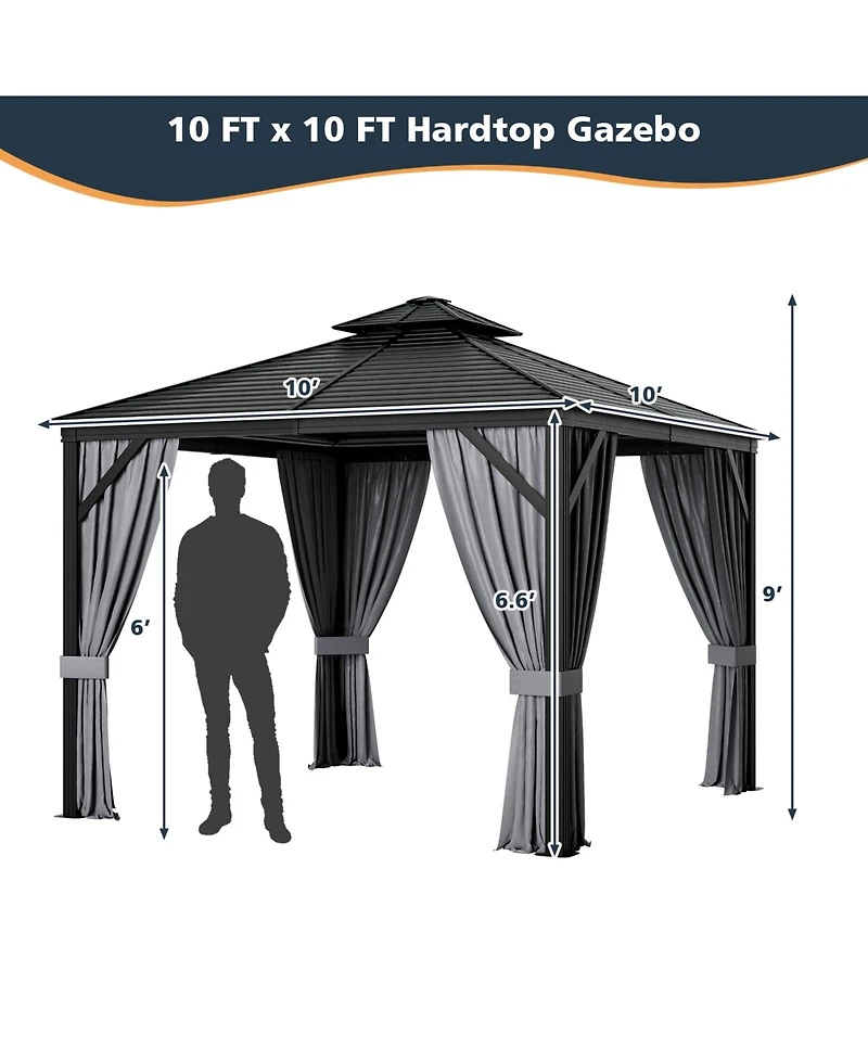 10 x 10 Feet Double-Top Hardtop Gazebo with Galvanized Steel Roof-Gray