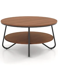 33.5 Inch Round Coffee Table with Wood Grain Finish and Heavy-duty Metal Frame-Walnut