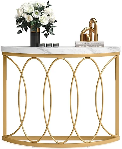 Tribesigns Half Moon Gold Console Table, 43 Inch Modern Faux Marble Entryway Table, Narrow Semi Circle Sofa Accent Table with Geometric Metal Frame fo