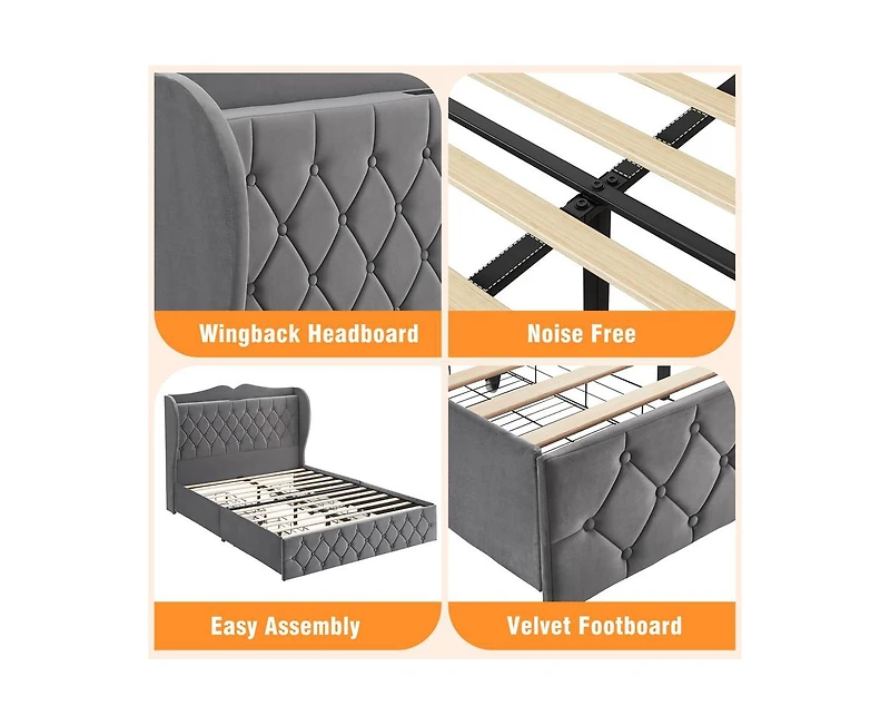 gaomon Upholstered Velvet Bed Frame With 4 Storage Drawers and Charging Station, Button Tufted Platform Bed With Wingback Headboard Shelf, Heavy Duty,