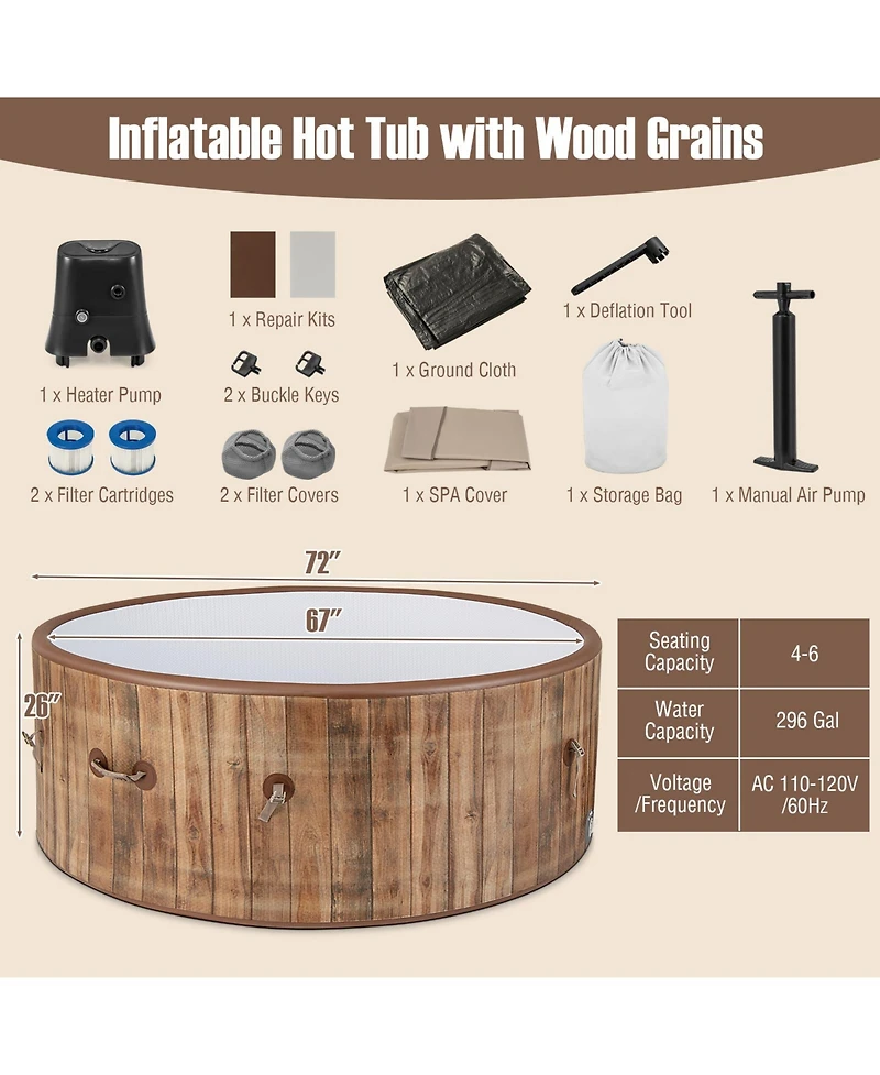 72 Inches Inflatable Hot Tub Spa with 120 Air Jets Electric Heater Pump for 4-6 Person-Coffee