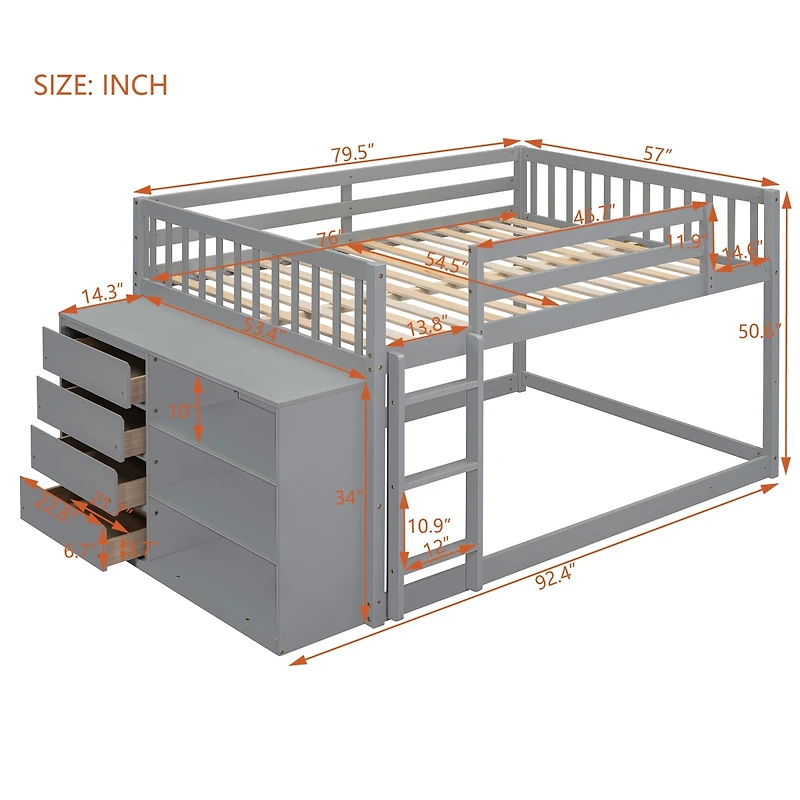 Streamdale Full over Bunk Bed with 4 Drawers and 3 Shelves-Gray