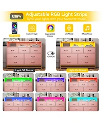 Pink Dresser for Bedroom, Modern 7 Drawers Long Dresser with Charging Station and Led Lights Design, Wooden Large Capacity Storage Chest of Drawers, W