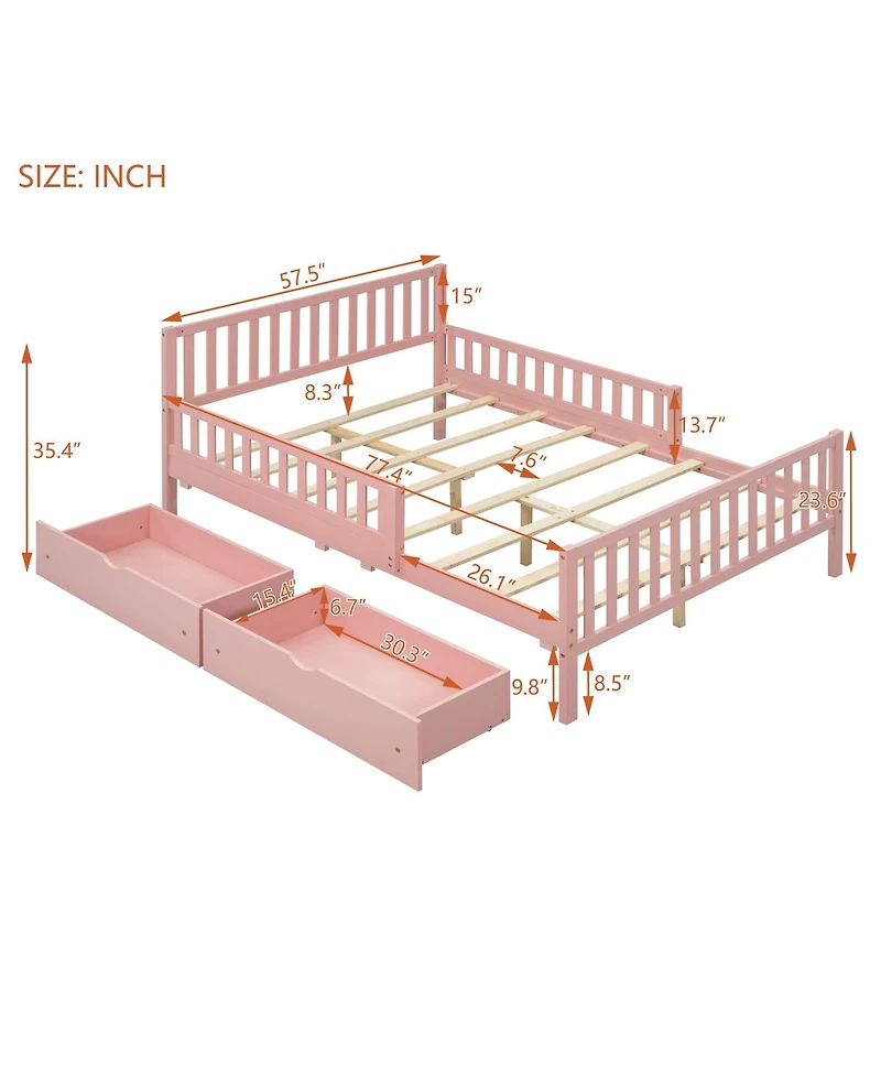 Streamdale Pink Platform Bed with Guardrails and Drawers