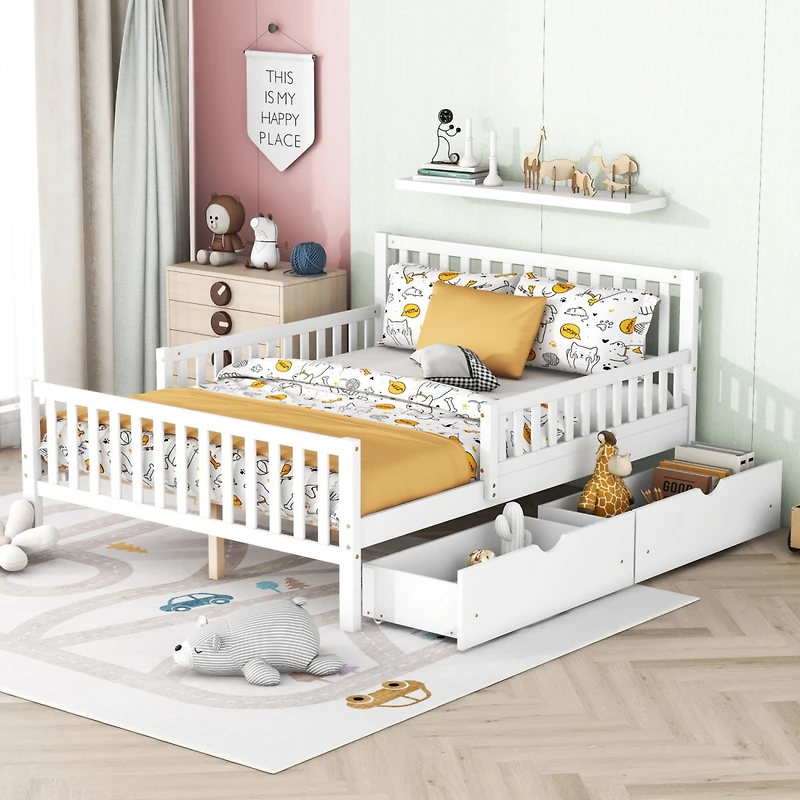 Streamdale Pink Platform Bed with Guardrails and Drawers