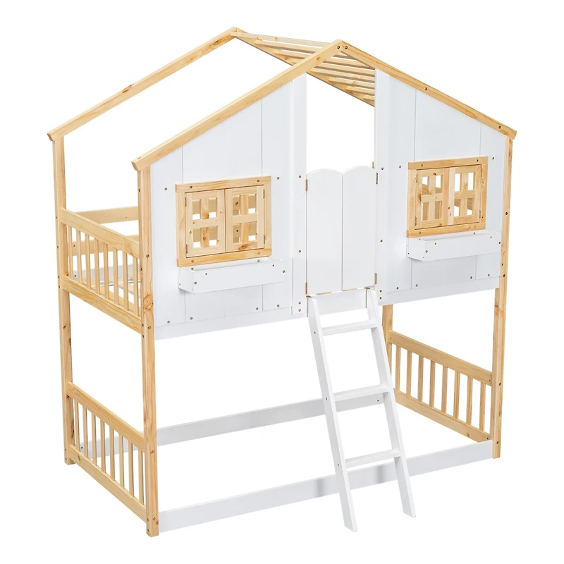Streamdale Twin over Twin House Bunk Bed with Roof, Window, Door, Ladder