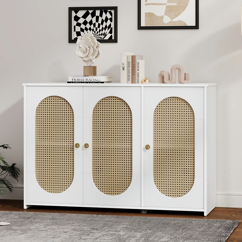 Streamdale Retro 3-Door Sideboard with Rattan Doors and Metal Handles