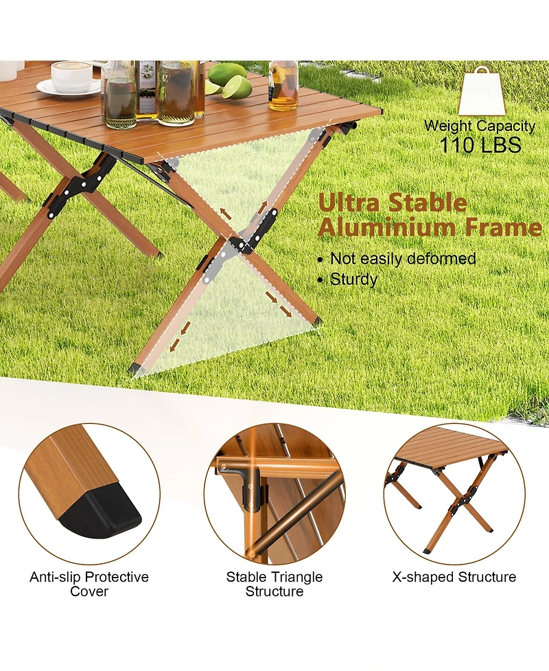 Folding Aluminum Camping Table with Carry Bag Roll-Up Picnic Table with Wood Grain