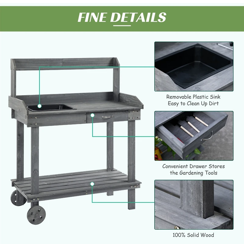 36" Gray Potting Bench with Wheels, Sink, Drawer & Storage