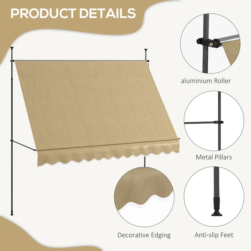 Retractable Patio Awning with Support Stand, Uv Protection