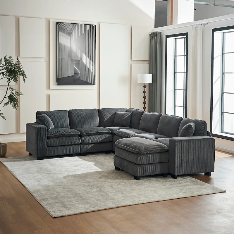 Streamdale Furniture Modern U-Shaped 6-Seat Sectional Sofa with Ottoman and Pillows