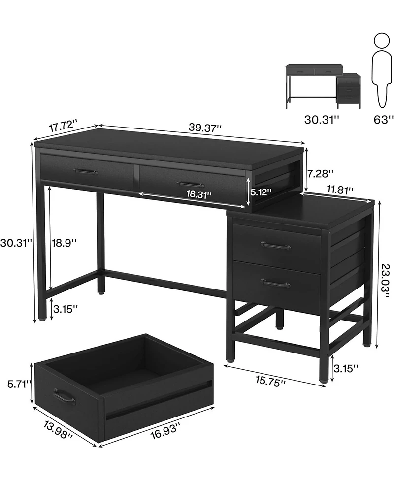 Tribesigns Computer Desk with 5 Drawers, Home Office Desks with Reversible Drawer Cabinet Printer Stand, Rustic Study Writing Table Workstation