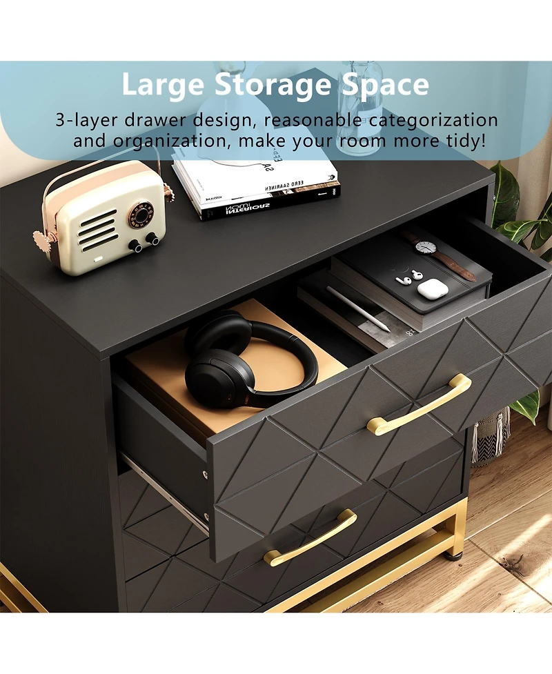 gaomon 3 Drawer Dresser, Wood Chest Drawers with Storage for Closet, Bedroom, Drawers Dresser Modern Bedside Nightstand with Gold Handles,Black_15.8"D