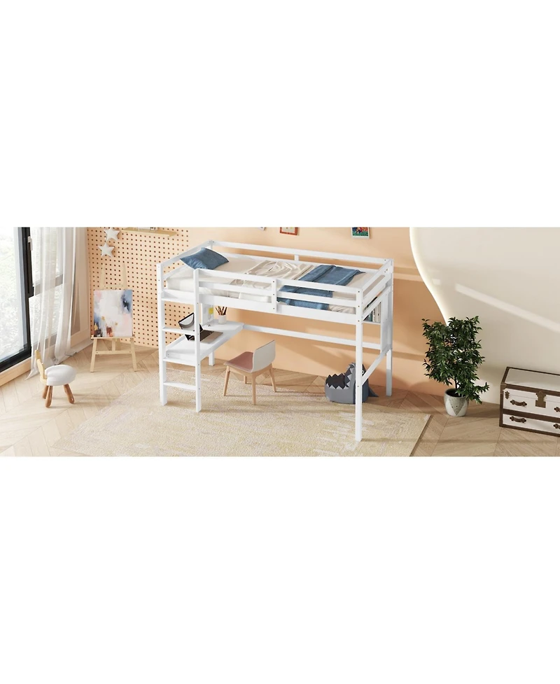 Streamdale Furniture Twin Loft Bed with Desk, Bookcase, and Guardrails in White