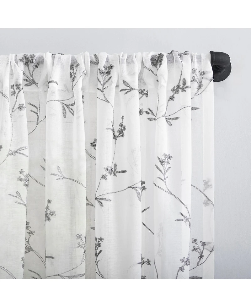 Delia Embroidered Floral Sheer Rod Pocket Curtain Panel