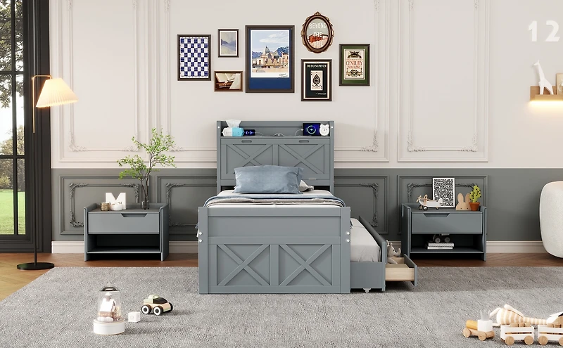 Streamdale Twin Bed with Storage Headboard and Trundle