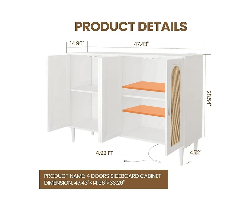 gaomon Sideboard Buffet Cabinet, 4 Rattan Doors Accent Storage Cabinet, Console Table Coffee Bar with Power Outlet, Adjustable Shelves for Dining Room
