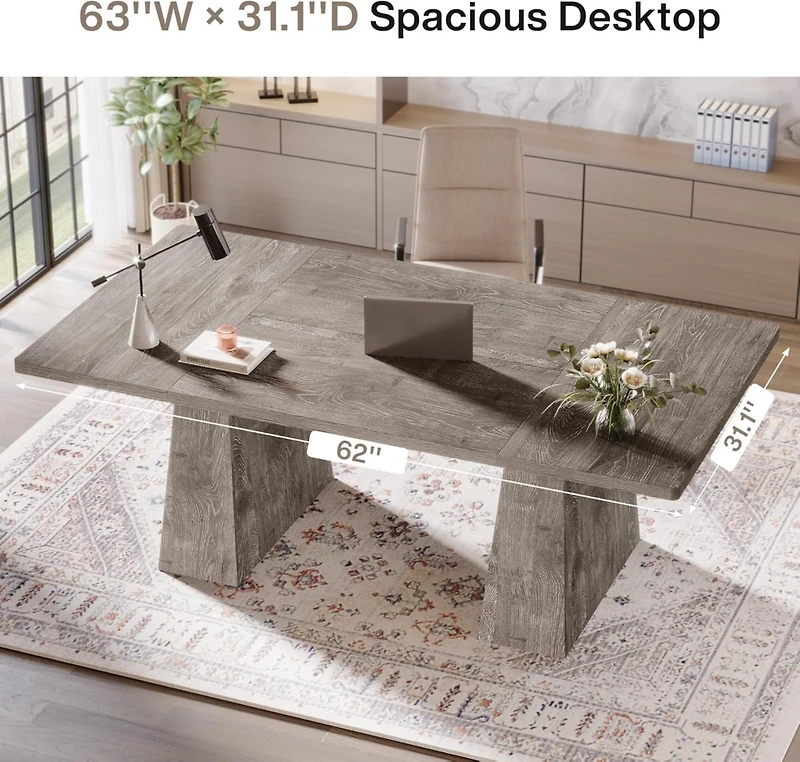 Tribesigns 63-Inch Executive Desk, Large Office Computer Desk with Double Pedestal, Modern Simple Workstations Writing Table