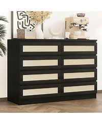 8 Drawer Double Dresser for Bedroom, Rattan Chest of Dressers, Modern Wooden Dresser Chest, Beside Table for Closet, Nursery, Living Room and Entryway