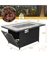 Sugift 52 Inch Rattan Wicker Propane Fire Pit Table with Rain Cover and Lava Rock-Black