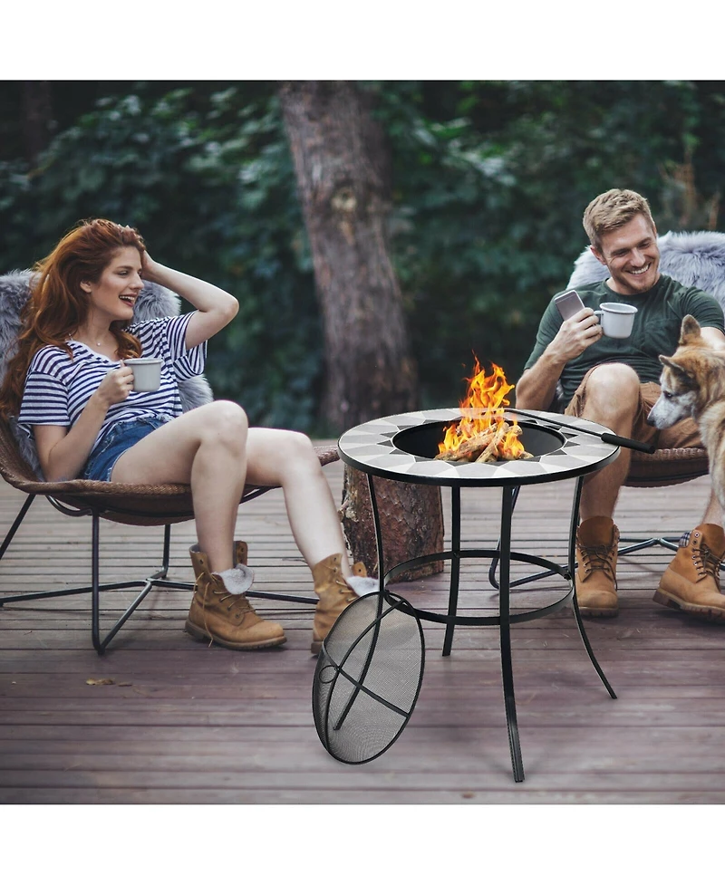 Sugift 23.5 Inches Round Fire Pit Table with Mesh Cover and Fire Poker
