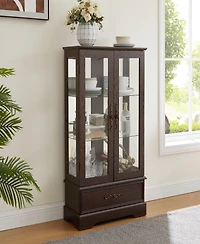 Simplie Fun Lighted Glass Curio Cabinet, Adjustable Shelves, 2 Doors, Drawer, Bulb, Cherry
