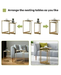 Skonyon Round Nesting Table Set of 2 with Marble-like Tabletop-White