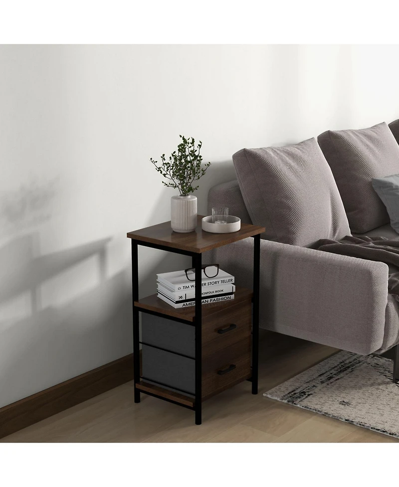 Skonyon 3-Tier Retro Nightstand with 2 Removable Fabric Drawers and Open Shelf-Walnut